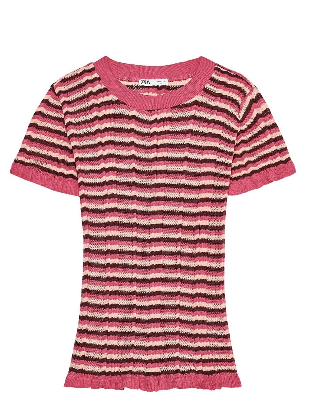 Zara Pink, Light Pink & Dark Brown Striped Knit Short Sleeve Top